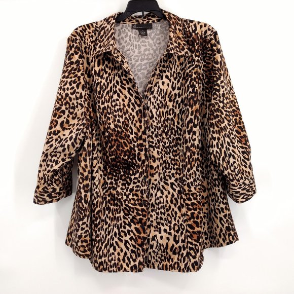 LANE BRYANT Women's Blouse Top 24 Leopard Print‎ V Neck Button Front 3/4 Sleeves - Picture 1 of 11